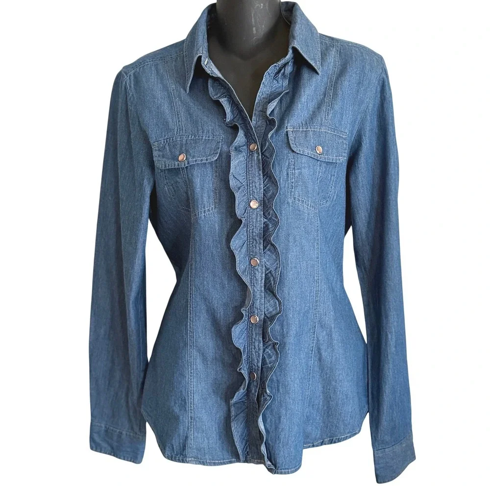 Pendleton Womens Denim Ruffle Pearl Snap Western Shirt Country Rodeo M - Picture 1 of 13